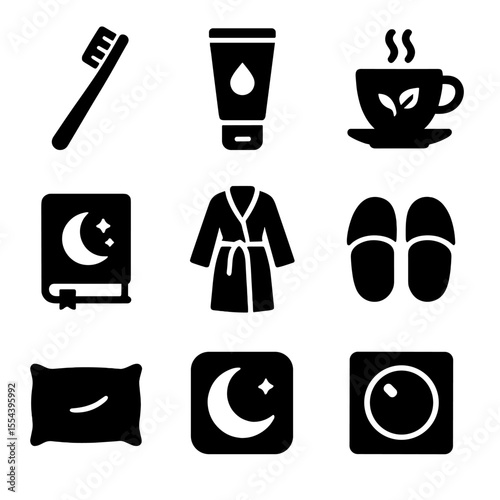 Night Routine Icons. Solid, filled icons set of night routine tools: toothbrush, face cleanser, herbal tea cup
