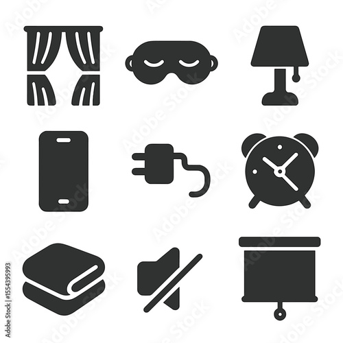 Night Routine Icons. Solid, filled icons set of private night routines: closed curtain, sleep mask, soft light