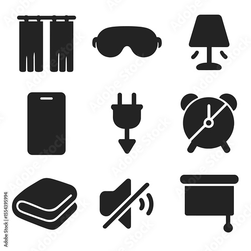 Night Routine Icons. Solid, filled icons set of private night routines: closed curtain, sleep mask, soft light