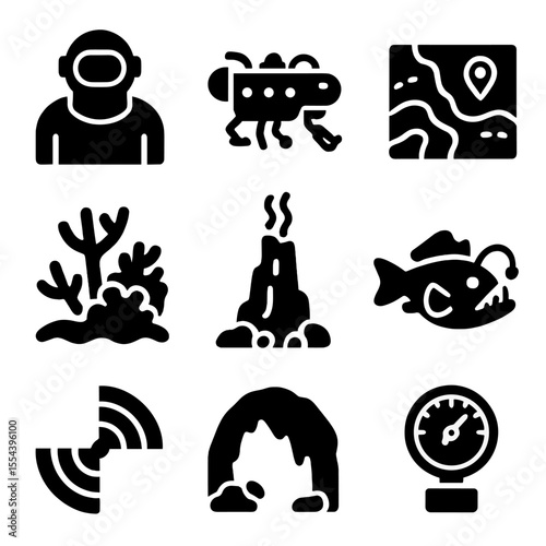 Oceanic Exploration Icons. Solid, filled icons set of oceanic exploration: deep-sea diver, submersible robot,