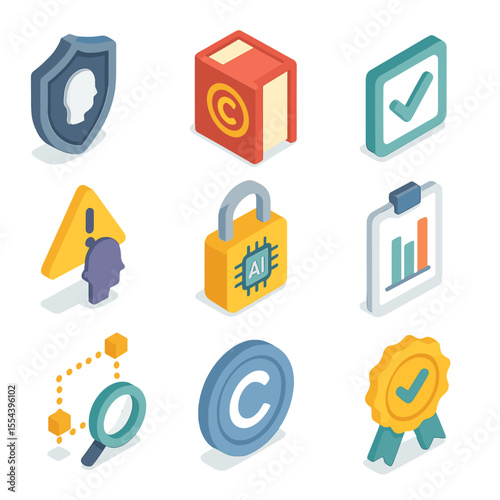 AI Ethics Icon Set. Isometric Flat icon set of Ethical Considerations in AI Imagery: privacy shield, copyright book, consent