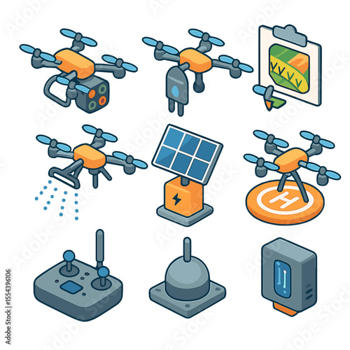 Agricultural Drone Icon Set. Isometric Flat icon set of agricultural research drones: multispectral camera, soil moisture sensor,