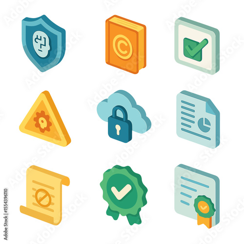 AI Ethics Icon Set. Isometric Flat icon set of Ethical Considerations in AI Imagery: privacy shield, copyright book, consent