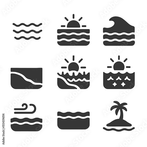 Ocean View Icons. Solid, filled icons set of peaceful ocean views: empty vista, horizon glow, soft wave,