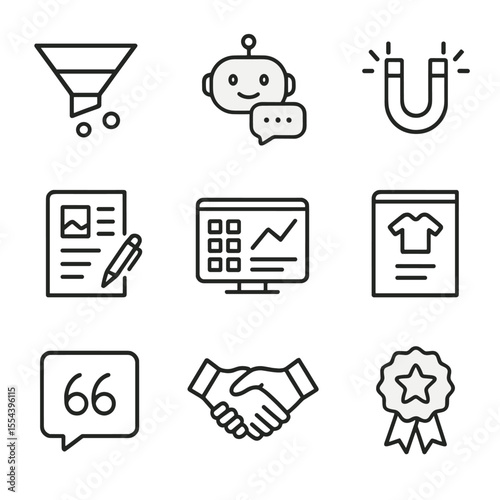 AI Sales Icon Set. Outline icon set of AI-based Sales Enablement: sales funnel, AI assistant, lead magnet, proposal document, CRM