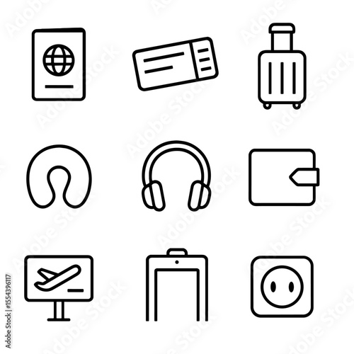 Airport Essentials Icons. Outline icon set of airport essentials: passport, boarding pass, carry-on suitcase, neck pillow,