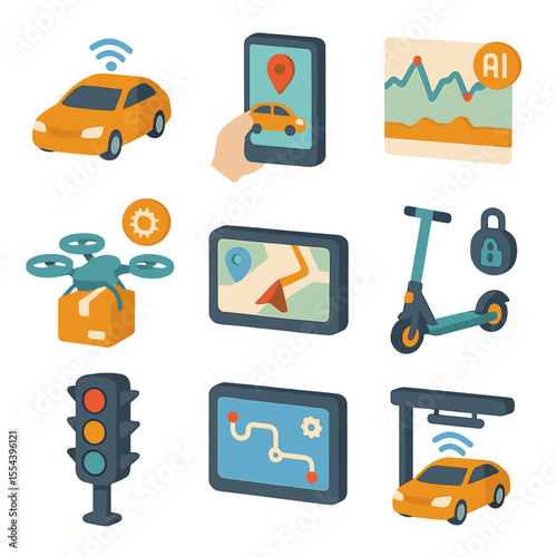 AI Transportation Icons. Isometric Flat icon set of AI in transportation: autonomous car, ride-hailing app, traffic prediction