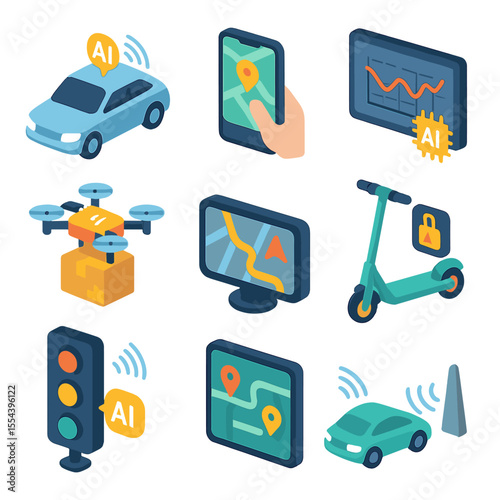 AI Transportation Icons. Isometric Flat icon set of AI in transportation: autonomous car, ride-hailing app, traffic prediction