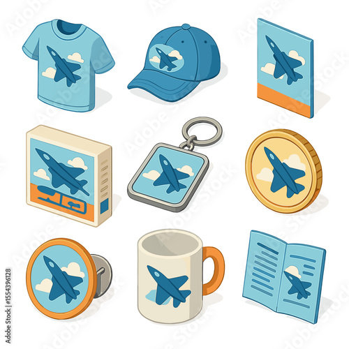 Airshow Merch Icons. Isometric Flat icon set of airshow merchandise: T-shirt, baseball cap, poster, model aircraft kit, keychain,