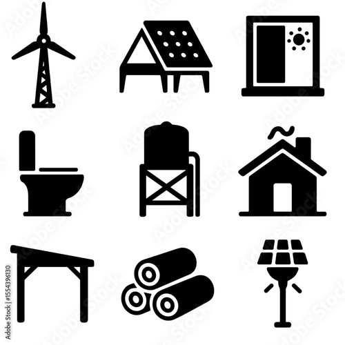 Off-Grid Systems Icons. Solid, filled icons set of off-grid renewable systems: windmill tower, manual solar