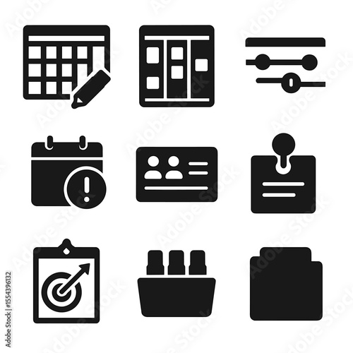 Office Planner Icons. Solid, filled icons set of office wall planners: dry-erase calendar, task board, project