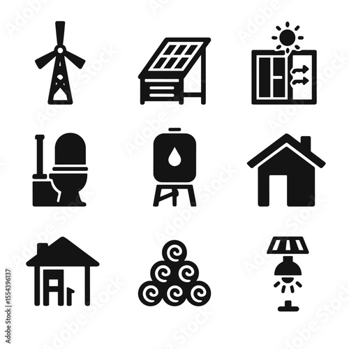Off-Grid Systems Icons. Solid, filled icons set of off-grid renewable systems: windmill tower, manual solar