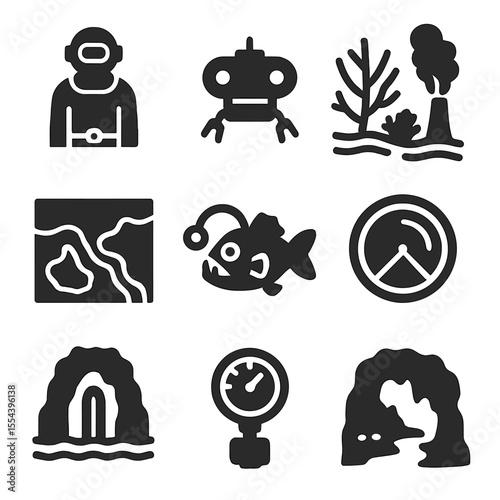 Oceanic Exploration Icons. Solid, filled icons set of oceanic exploration: deep-sea diver, submersible robot,