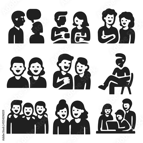 Office Moments Icons. Solid, filled icons set of candid office moments: office chat, coffee break, relaxed
