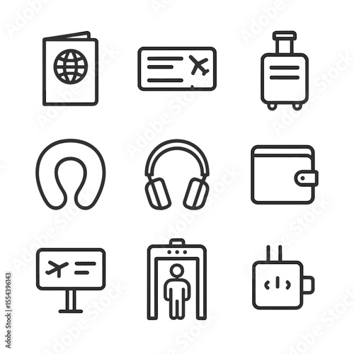 Airport Essentials Icons. Outline icon set of airport essentials: passport, boarding pass, carry-on suitcase, neck pillow,