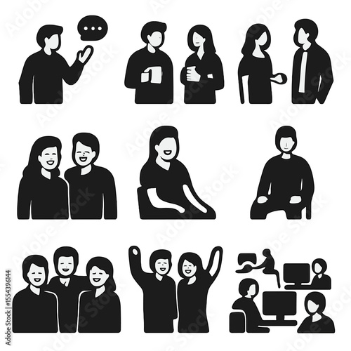 Office Moments Icons. Solid, filled icons set of candid office moments: office chat, coffee break, relaxed