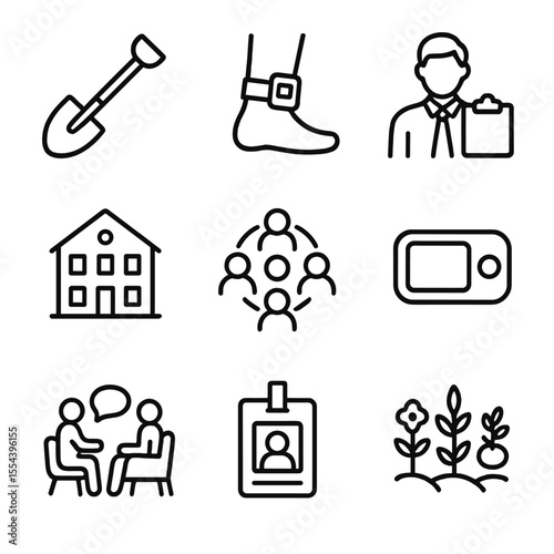 Alternative Justice Icons. Outline icon set of alternatives to incarceration: community service shovel, house arrest ankle monitor