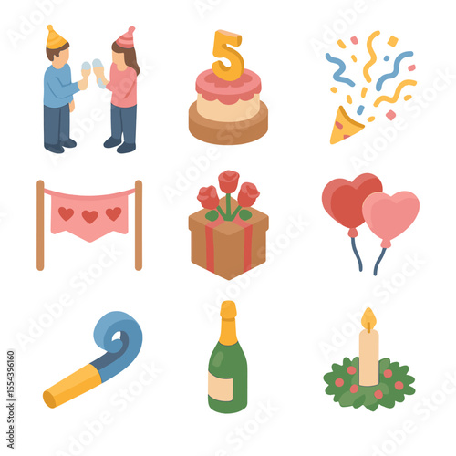 Anniversary Celebration Icons. Isometric Flat icon set of Poolside Snacks and Treats: fruit platter, cheese board, dip bowl,