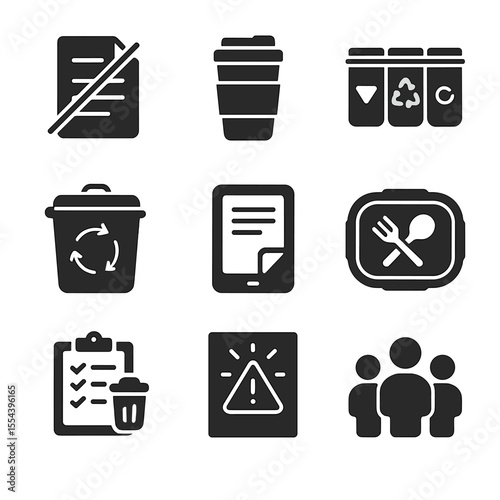 Office Sustainability Icons. Solid, filled icons set of office waste reduction: paperless sign, reusable cup,