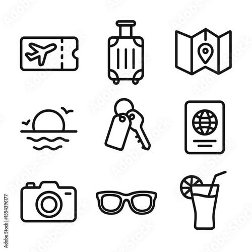 Anniversary Trip Icons. Outline icon set of anniversary trip getaway: airplane ticket, suitcase, travel map, beach sunset, hotel