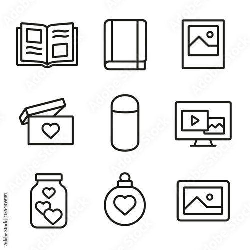 Anniversary Memory Icons. Outline icon set of anniversary memory keeping: scrapbook, journal, polaroid photo, memory box, time