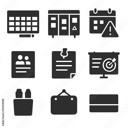 Office Planner Icons. Solid, filled icons set of office wall planners: dry-erase calendar, task board, project