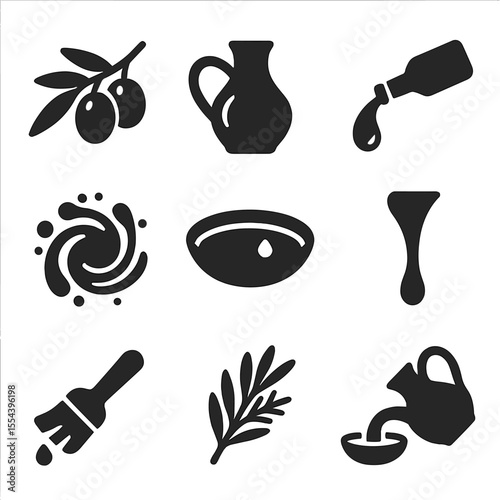 Olive Oil Icon Set. Solid, filled icons set of olive oil delights: olive branch, oil jug, drizzle pour, oil