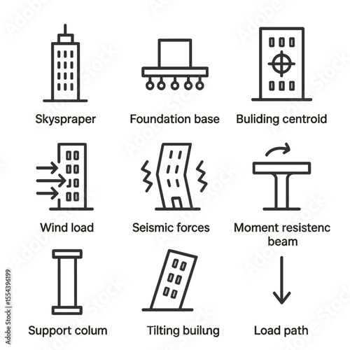 Architectural Stability Icons. Outline icon set of architecture and building stability: skyscraper silhouette, foundation base,