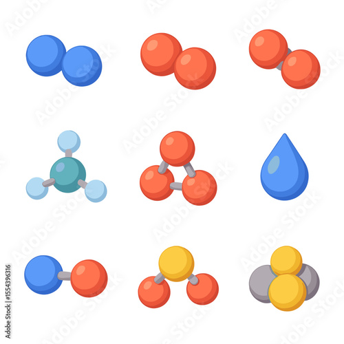 Atmospheric Molecules Icons. Isometric Flat icon set of atmospheric gas molecules: nitrogen molecule, oxygen molecule, carbon