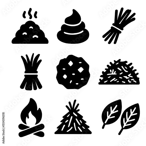 Organic Energy Inputs. Solid, filled icons set of organic rural energy inputs: compost heap, dried dung,