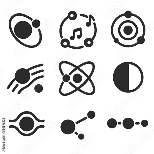 Orbital Resonance Icons. Solid, filled icons set of orbital resonances: planetary orbit, resonance icon,