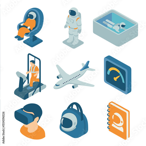 Astronaut Training Icons. Isometric Flat icon set of astronaut training for tourists: centrifuge simulator, spacesuit mockup,