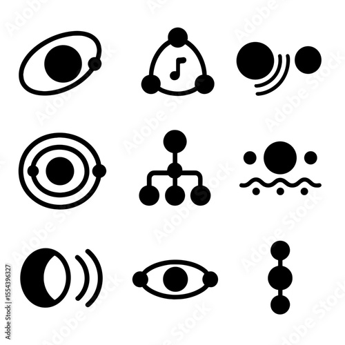 Orbital Resonance Icons. Solid, filled icons set of orbital resonances: planetary orbit, resonance icon,