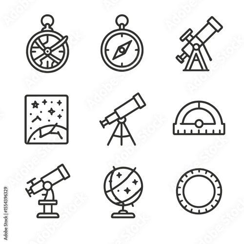 Astronomy Icon Set. Outline icon set of astronomical observation tools: astrolabe, brass compass, sextant, star chart, telescope,