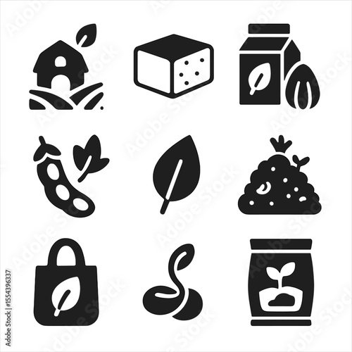 Organic Food Icons. Solid, filled icons set of organic and plant-based food systems: organic farm, tofu block,