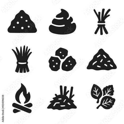 Organic Energy Inputs. Solid, filled icons set of organic rural energy inputs: compost heap, dried dung,