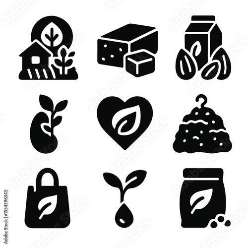 Organic Food Icons. Solid, filled icons set of organic and plant-based food systems: organic farm, tofu block,