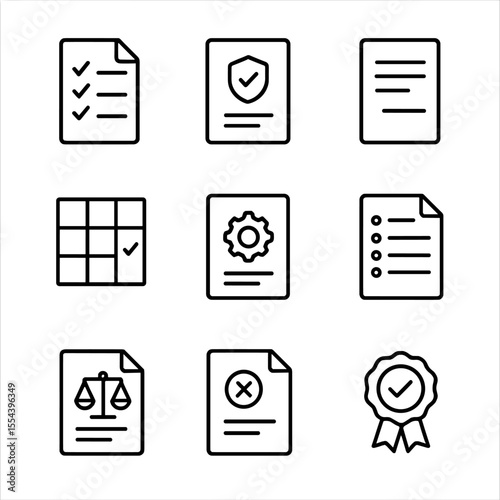 Audit Icons Set. Outline icon set of audit and compliance documents: audit checklist sheet, compliance report cover, internal memo