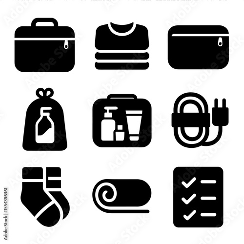 Organized Packing Icons. Solid, filled icons set of suitcase organization and packing: packing cube, folded