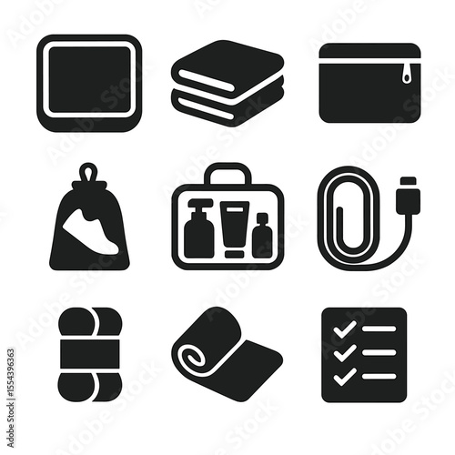 Organized Packing Icons. Solid, filled icons set of suitcase organization and packing: packing cube, folded