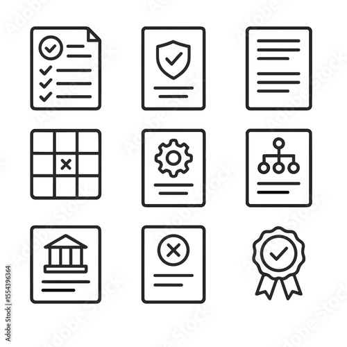 Audit Icons Set. Outline icon set of audit and compliance documents: audit checklist sheet, compliance report cover, internal memo