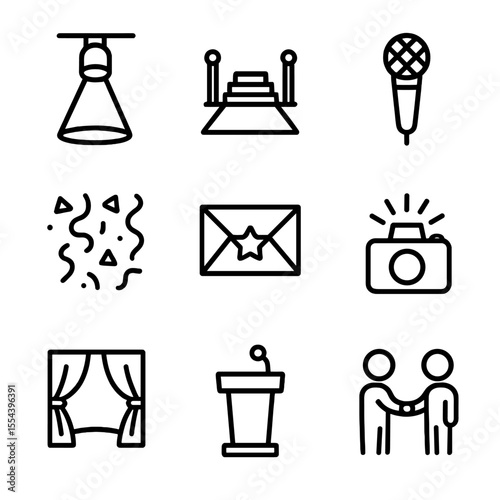 Award Ceremony Icons. Outline icon set of award ceremonies: stage spotlight, red carpet, microphone, award envelope, confetti,