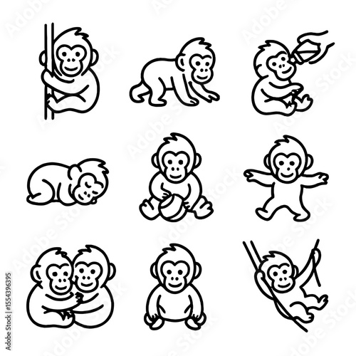 Baby Orangutan Activities. Outline icon set of baby orangutan activities: clinging, crawling, feeding, sleeping, playing,