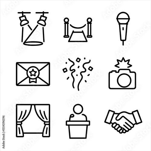 Award Ceremony Icons. Outline icon set of award ceremonies: stage spotlight, red carpet, microphone, award envelope, confetti,