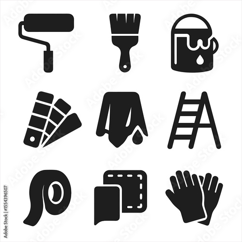 Painting Tools Icons. Solid, filled icons set of painting and decorating: paint roller, brush, paint can,