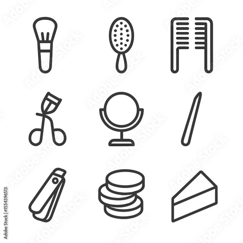 Beauty Tools Icons. Outline icon set of Beauty Tools and Accessories Display: makeup brush, hairbrush, comb set, eyelash curler,
