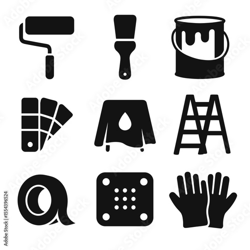 Painting Tools Icons. Solid, filled icons set of painting and decorating: paint roller, brush, paint can,