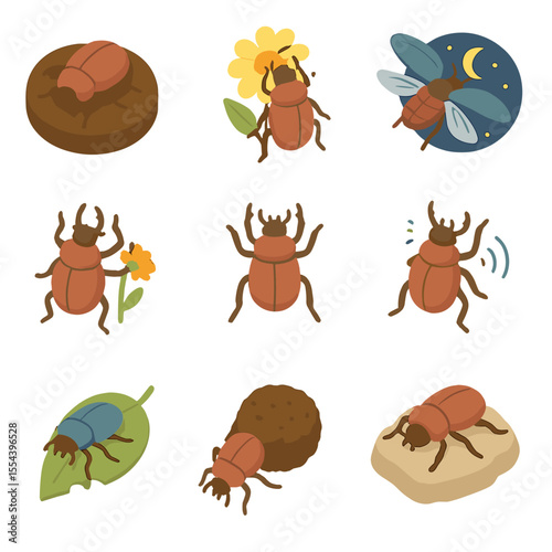 Beetle Behavior Icons. Isometric Flat icon set of beetle behaviors: burrowing into soil, pollinating flower, nocturnal flight,