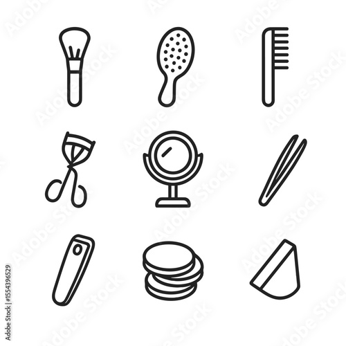 Beauty Tools Icons. Outline icon set of Beauty Tools and Accessories Display: makeup brush, hairbrush, comb set, eyelash curler,