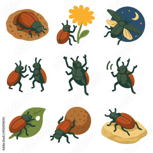 Beetle Behavior Icons. Isometric Flat icon set of beetle behaviors: burrowing into soil, pollinating flower, nocturnal flight,